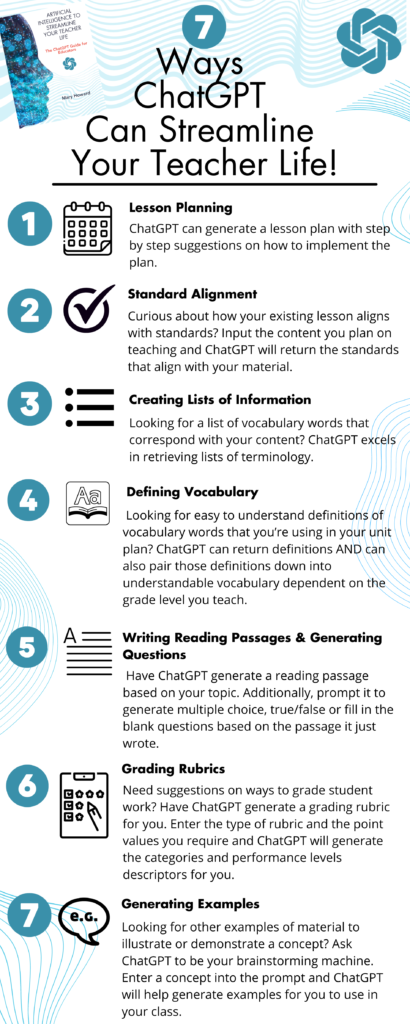 "An image showcasing various tools and features offered by ChatGPT to streamline a teacher's daily tasks. The image displays a laptop screen with ChatGPT's interface, featuring icons and options for grading assignments, creating lesson plans, organizing classroom schedules, and other useful teacher resources. The image aims to convey the ease and convenience of using ChatGPT to optimize a teacher's workflow."